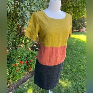 Andrea Jovine 100% linen Short Sleeve Colorblock Dress - Gold ,Orange, Black